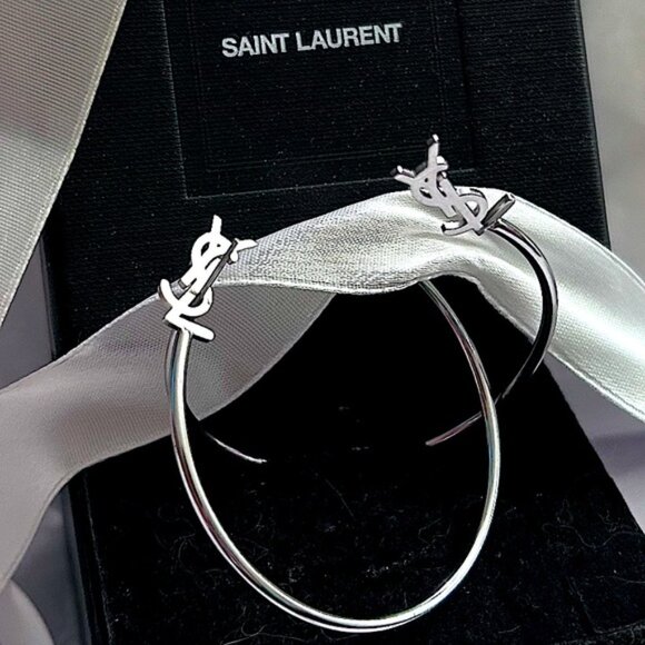 Yves Saint Laurent YSL Earrings 2 inch 925 Silver Hoops - Picture 8 of 10